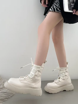 2022 godine, Jesenske Modne Ženske Čizme s debelim potplatima, Svakodnevni Monotono cipele na platformu u Korejskom stilu, Kratke čizme na čipka-up, Šik
