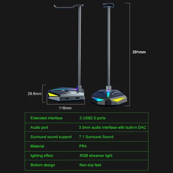 RGB Stalak za slušalice Od Aluminijske Legure, Držač Gaming Slušalice sa 3 USB i 3,5 mm, Stolni Držač za slušalice, Polica, Pribor za PC