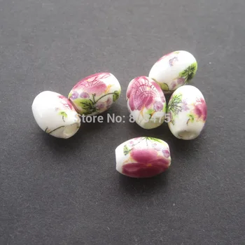 28 komada Ovalnih Keramičkih Perli 10,4 mm * 8 mm, Bijele boje sa svijetlo Roza Cvijet za izradu nakita