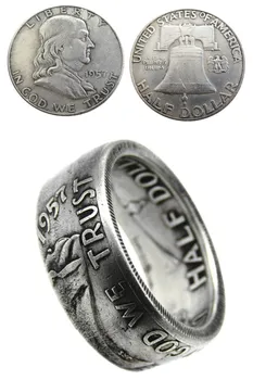 Prsten s kopijom kovanice Franklin SAD-u полдоллара 1957 Ručni rad u veličinama od 7-12