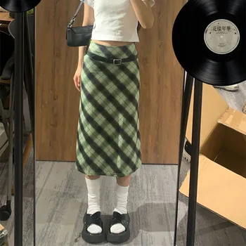 Karrcat Grunge Zeleni Pokrivač Suknja Korejski Funky Suknja s visokim Strukom Japanski suknja Trapeznog oblika u stilu харадзюку Vintage Suknja midi 90-ih godina Fairycore