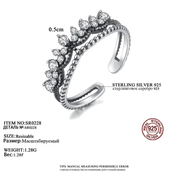 CZCITY Srebro 925 Sterling Moderan Vintage Crown Cirkon Otvoreni Prsten za Žene Podesiva Klasicni Богемные Prsten Upadljiv Nakit