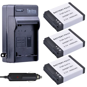 Baterije Tectra 3pcs 1400mAh + Digitalni Komplet punjača za GoPro HD HERO2, GoPro Original HD HERO i GoPro AHDBT-001, AHDBT-002