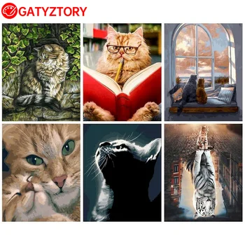 GATYZTORY Mačka Slikanje po brojevima Ubiti vrijeme Crtanje Na Platnu Životinja DIY Slike po brojevima Odrasli obrt Kućni dekor