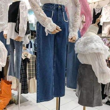 Korejski 2020 proljeće-Jesen jens svestran slobodni široke hlače s visokim strukom, izvezena perle tamno plave traper duge hlače, ženske trend KZ805