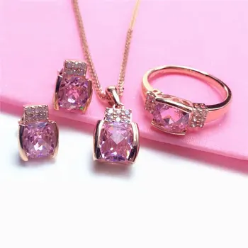 Romantični slatki stil kvadratnom blijedo ružičaste skup nakit s dragim kamenjem vjenčanje ogrlica 585 ljubičasta zlato 14 K rose gold prsten, naušnice za žene